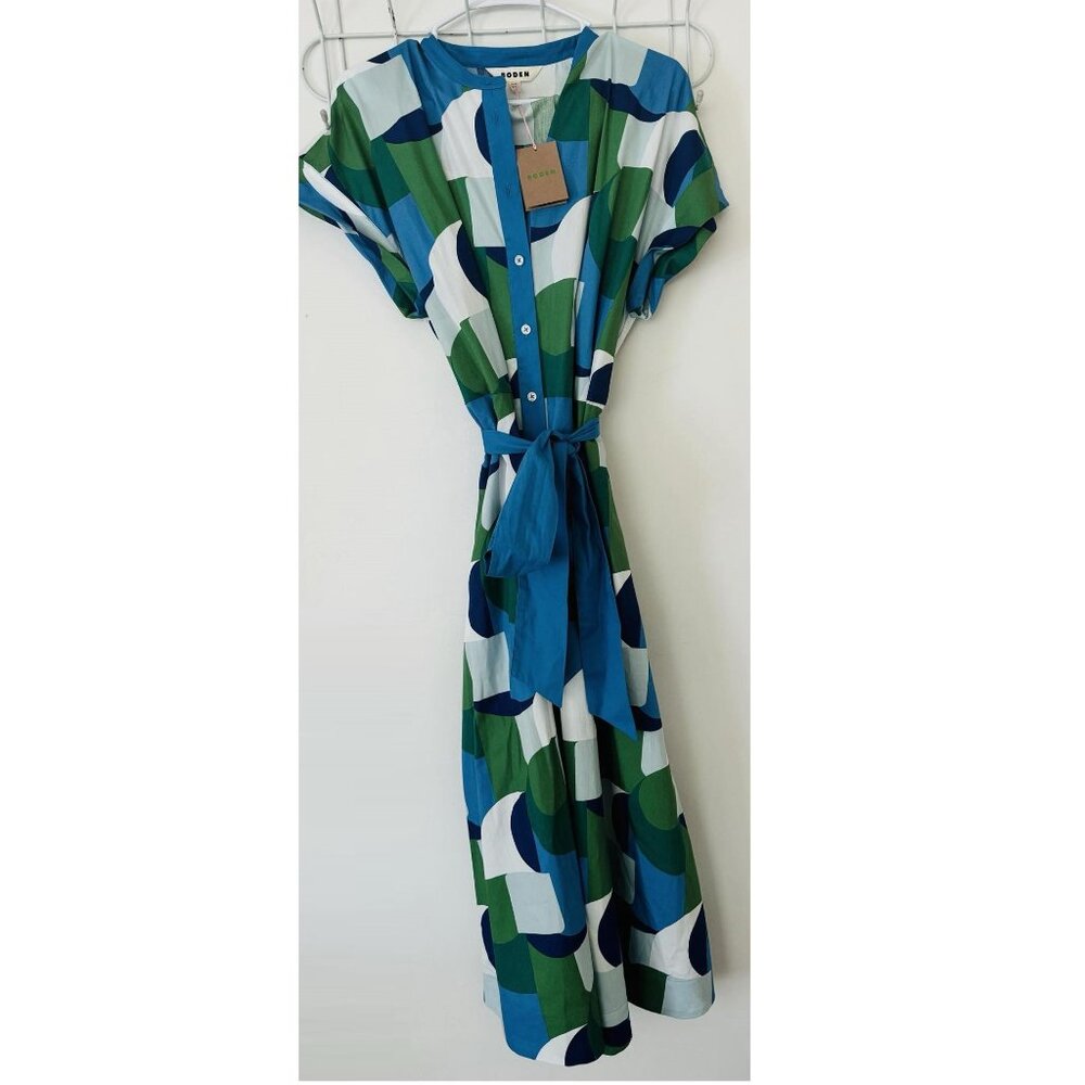 Boden Amanda Blue Geometric Swirl Midi Shirt Dress Women's Size 14R NWT